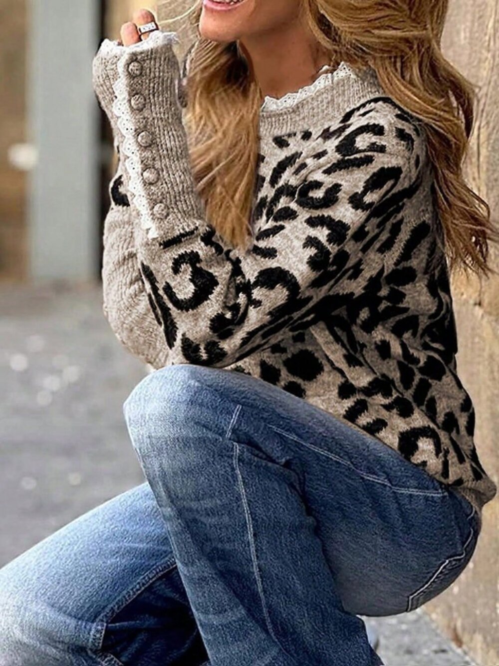 Multicolor Casual Women's Round Neck Lace detailed Leopard Print Knit Sweater - Picture 6 of 10
